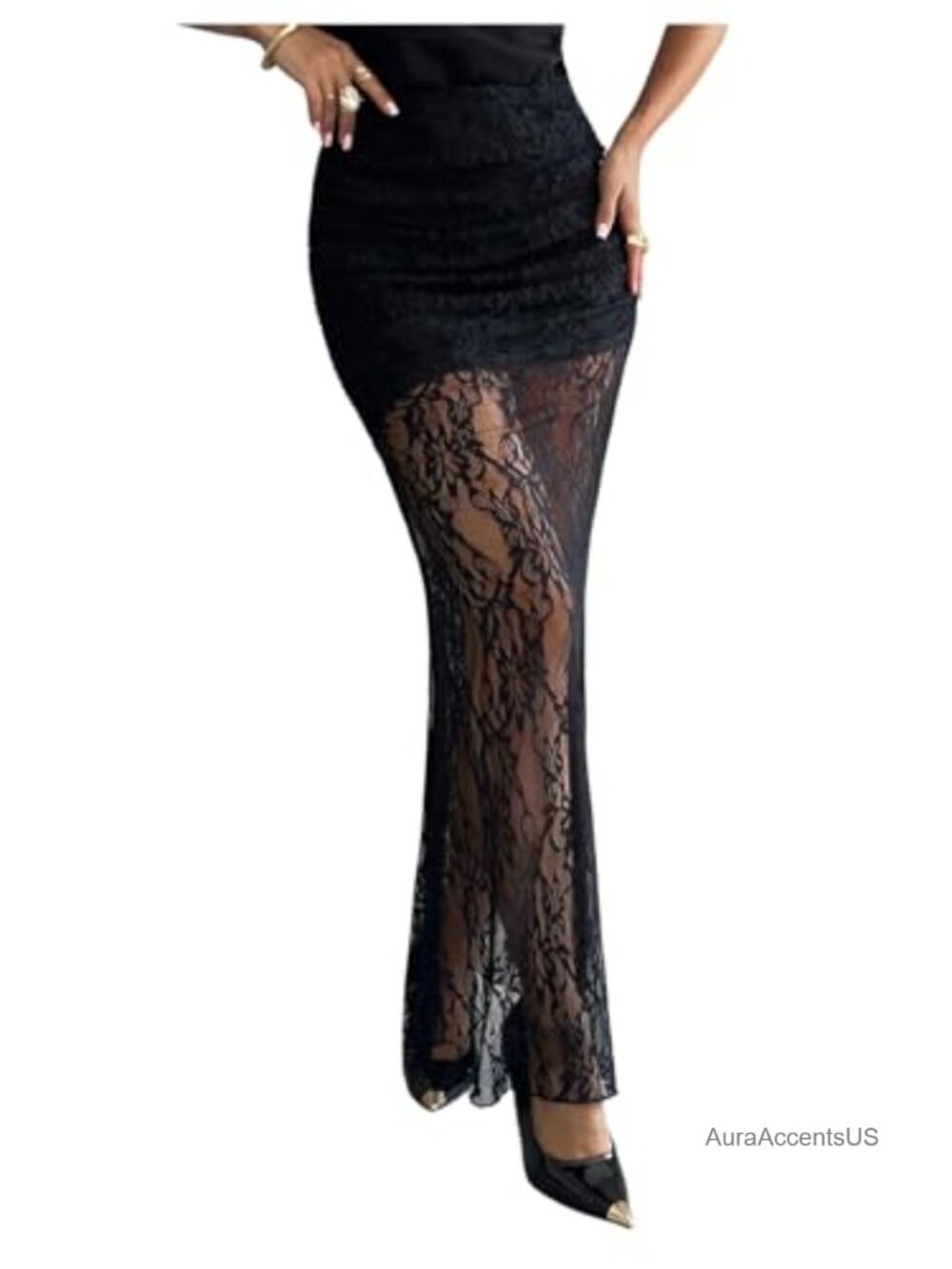 Women's Sheer Lace Maxi Skirt High Waisted See Through Y2k Goth Bodycon Long